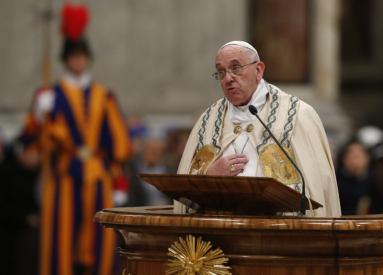 Pope Francis gives the homily during a prayer service in St. Peter's Basilica at the Vatican Dec. 31. (CNS photo/Paul Haring)
