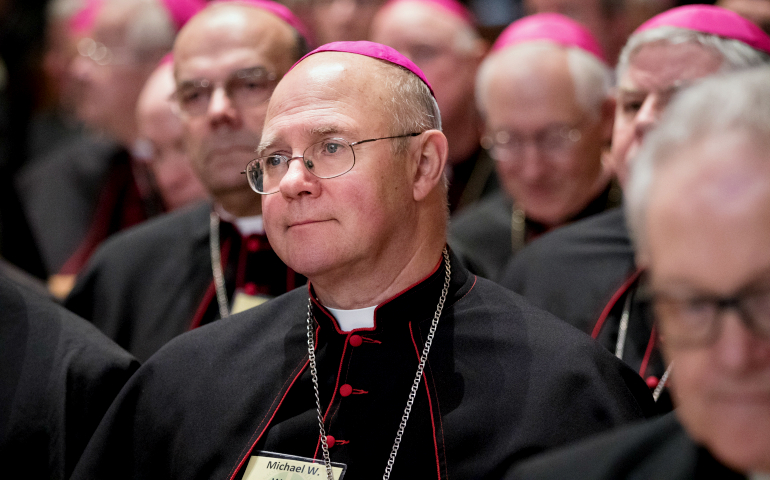 Bishop Michael Warfel of Great Falls-Billings, Mont., listens as Pope Francis addresses U.S. bishops in Washington, D.C., in 2015. (CNS/St. Louis Review/Lisa Johnston)