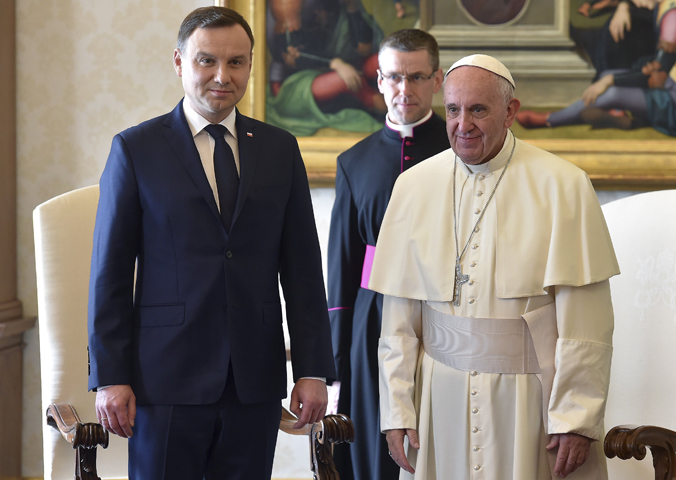 Pope Francis poses with Polish President Andrzej Duda during a meeting at the Vatican Nov. 9. (CNS/Ettore Ferrari, pool via Reuters)