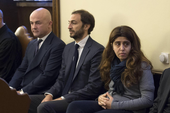 Italian journalists Gianluigi Nuzzi and Emiliano Fittipaldi and laywoman Francesca Chaouqui in a Vatican courtroom Nov. 24 (CNS/L'Osservatore Romano via Reuters)