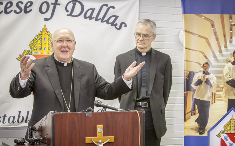 Dallas Bishop Kevin Farrell announces Msgr. Gregory Kelly as a new auxiliary bishop for the Diocese of Dallas Dec. 16 at the diocesan Pastoral Center. (CNS/Ron Heflin, The Texas Catholic)