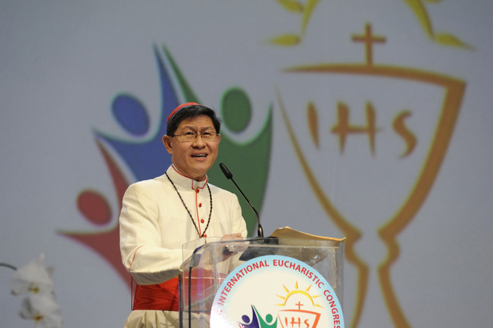 Cardinal Luis Antonio Tagle of Manila speaks at a session of the 51st International Eucharistic Congress in Cebu, Philippines, Jan. 28. (CNS/Katarzyna Artymiak)