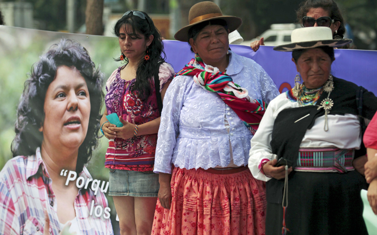 Women participate in an April 26, 2016, memorial service in San Salvador, El Salvador, for murdered environmental rights activist Berta Caceres Flores. (CNS/Jorge Cabrera, Reuters)