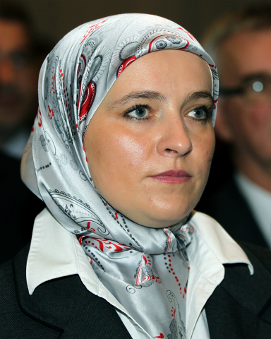 Amra Babic, Europe's first mayor to wear a hijab, is pictured during a 2012 news conference in Sarajevo, Bosnia-Herzegovina. (CNS photo/Fehim Demir, EPA)