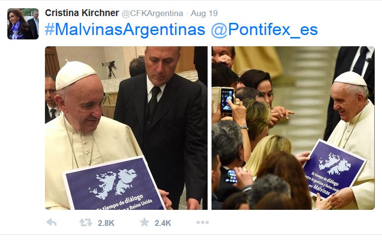 Screenshot of Argentine President Cristina Kirchner's tweet about Pope Francis.