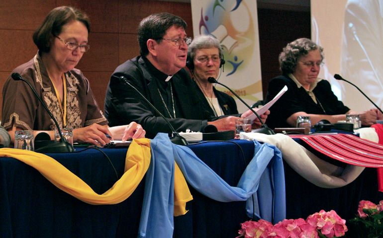 Cardinal João Braz de Aviz, prefect of the Vatican's Congregation for Religious, speaks May 5 alongside members of the International Union of Superiors General in Rome. (NCR photo/Robyn J. Haas)