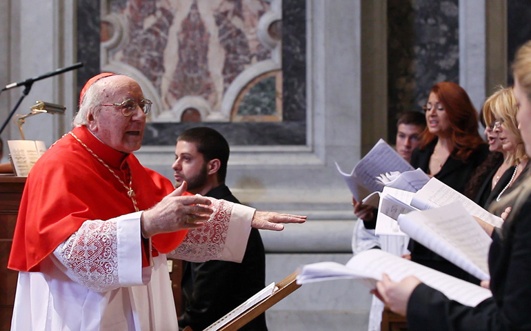 Italian Cardinal Domenico Bartolucci directs a choir in St. Peter's Basilica at the Vatican in this May 15, 2011, image from video. (CNS/Paul Haring)