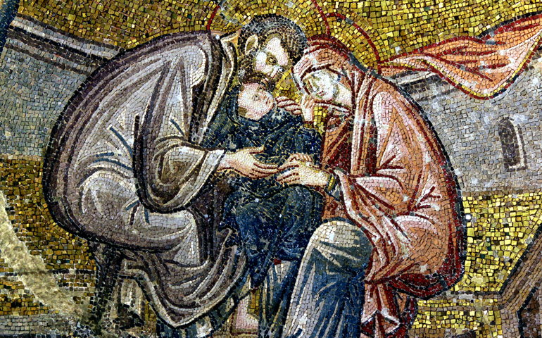 The Virgin Mary held by her parents, Sts. Joachim and Anne, depicted in mosaic in Chora Church in Istanbul (Wikimedia Commons/Till Niermann)