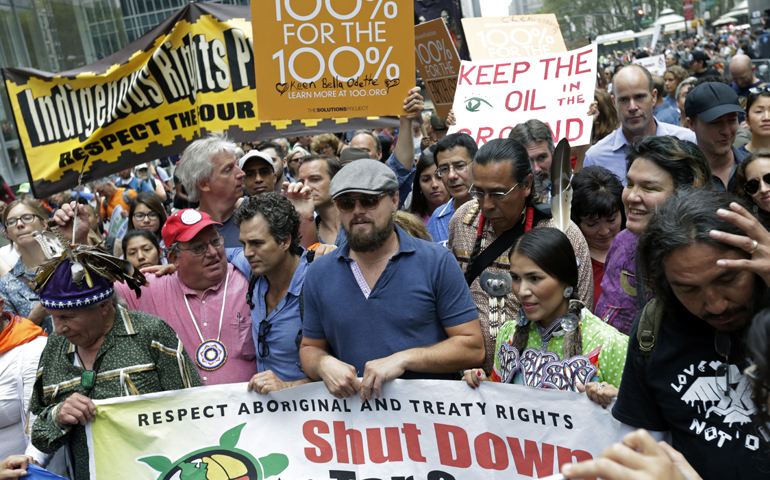 Actor Leonardo DiCaprio participates in the People's Climate March on Sunday in New York. (CNS/EPA/Peter Foley)