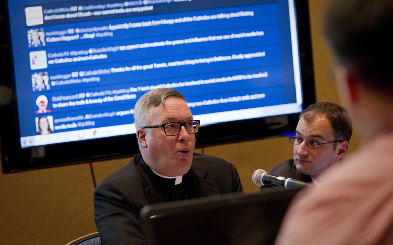 Bishop Christopher Coyne of Burlington, Vt., and blogger Rocco Palmo of "Whispers in the Loggia" facilitate a discussion between U.S. bishops and Catholics active in social media Nov. 11, 2012, at a USCCB meeting in Baltimore. (CNS/Nancy Phelan Wiechec)