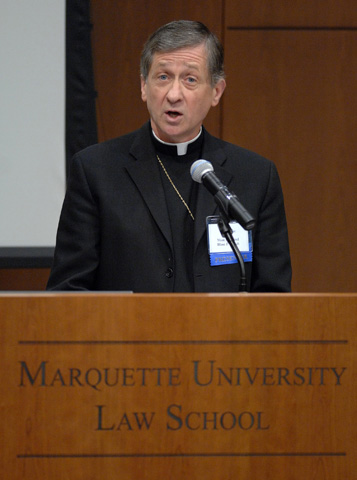 Chicago Archbishop-designate Blase Cupich speaks at Marquette University Law School in Milwaukee during an international conference on the clergy sex abuse scandal in April 2011, when Cupich was chair of the bishops' Committee on Protection of Children and Young People. (CNS/Marquette University Law School/Mike Gryniewicz)