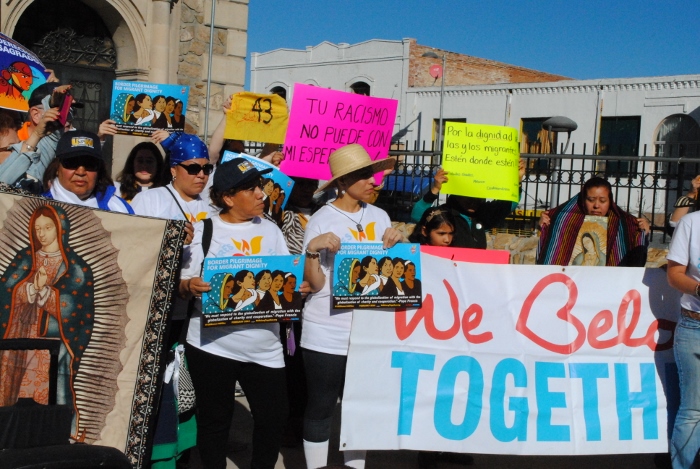 People gathered outside the Cathedral of Our Lady of Guadalupe in Juárez, Mexico, to draw the pope's attention to labor rights and immigration concerns. (GSR photo/Soli Salgado)