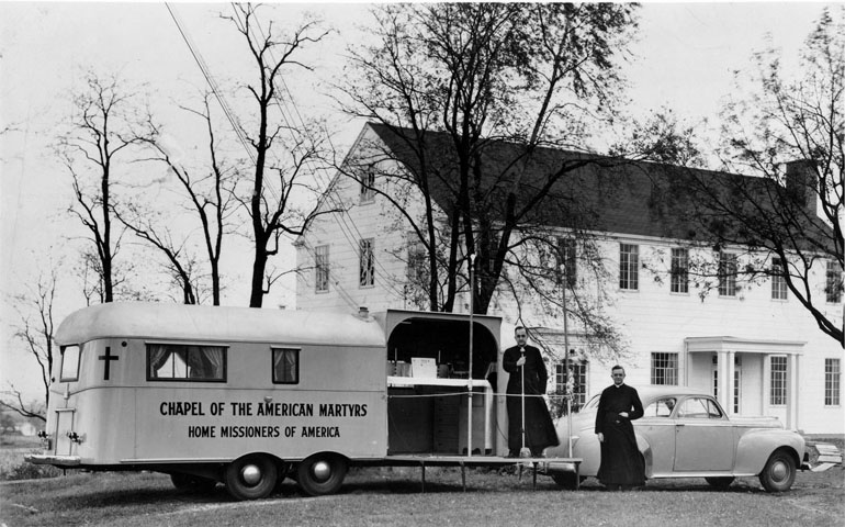 Fr. William Howard Bishop, right, and Fr. Raphael Sourd (the first priest to join Glenmary) traveled to mission areas in the society's early years and celebrated Mass in a mobile chapel. (Courtesy of Glenmary Home Missioners)