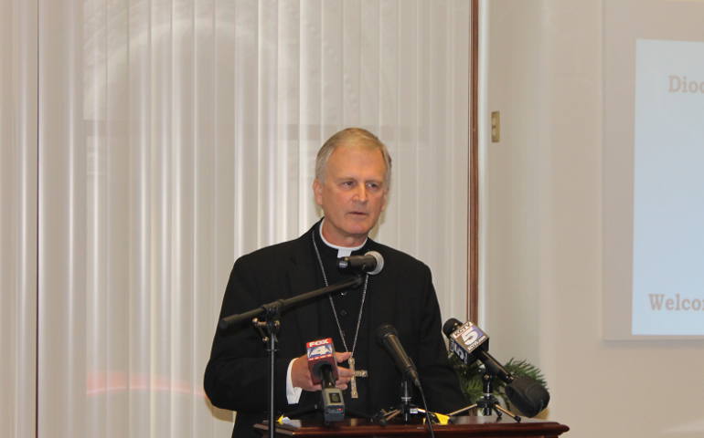 Springfield-Cape Girardeau, Mo., Bishop James Johnston, the next bishop of the Kansas City-St. Joseph, Mo., diocese addresses the media and chancery staff at a press conference at the diocesan Catholic Center on Sept. 15, 2015 (NCR photo/Brian Roewe)