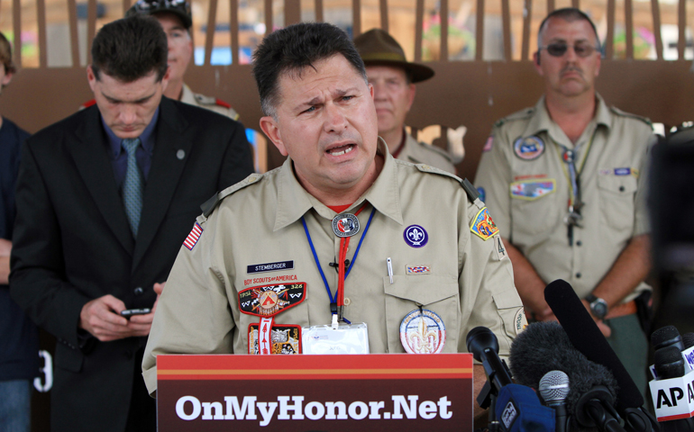 John Stemberger, an Eagle Scout and founder of OnMyHonor.Net, a coalition opposed to allowing open homosexuality in the Boy Scouts of America, addresses the media May 23 in Grapevine, Texas, after the Scouts voted on allowing openly gay members to join the Boy Scouts of America. (CNS/The Texas Catholic/Ben Torres)