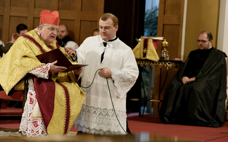 Cardinal Raymond Burke delivers a homily on Feb. 9, the pre-Vatican II feast of St. Cyril of Alexandria at St. Mary-St. Anthony Parish in Kansas City, Kan. (NCR photo/George Goss)
