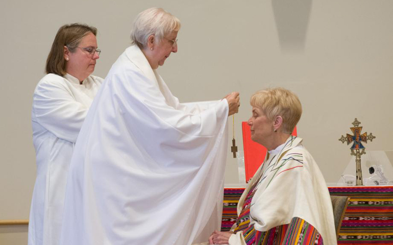 Former Franciscan sister Nancy Meyer, right, is ordained as bishop of the Midwest region of Roman Catholic Womenpriests in June. (Courtesy of Roman Catholic Womenpriests)