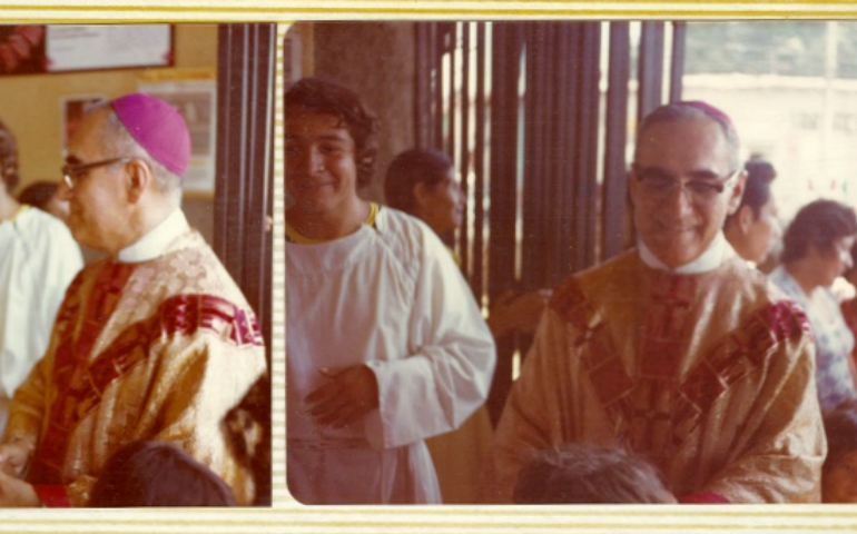 In photos from a scrapbook that belonged to Ursuline Sr. Dorothy Kazel, San Salvador Archbishop Óscar Romero visits Immaculate Conception Parish in La Libertad, El Salvador, on Dec. 8, 1978. (Ursuline Sisters of Cleveland Archives / Dorothy Kazel)