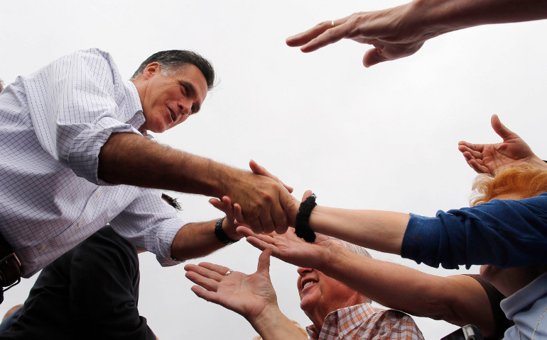 Republican presidential candidate and former Massachusetts Gov. Mitt Romney greets supporters during a campaign rally in Pueblo, Colo., Sept. 24. (CNS/Reuters/Brian Snyder)