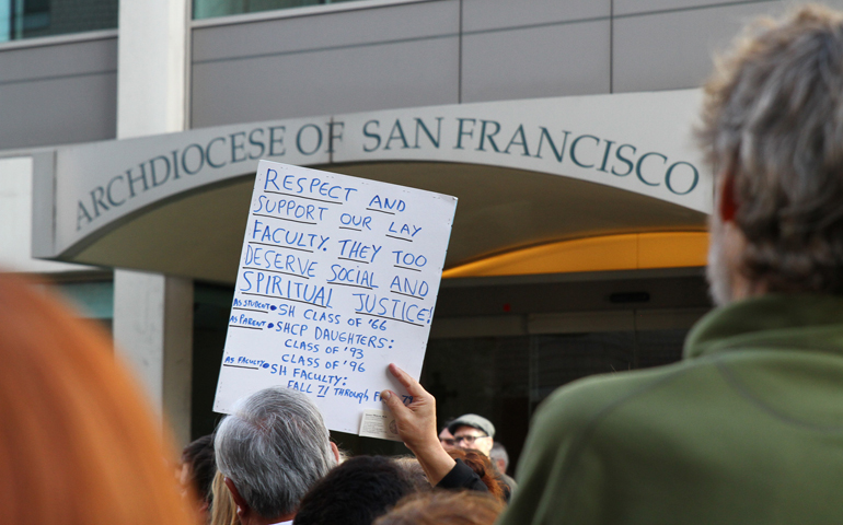 The #TeachAcceptance group holds a rally for Catholic school teachers outside the chancery of the San Francisco archdiocese April 27. (John Bare)