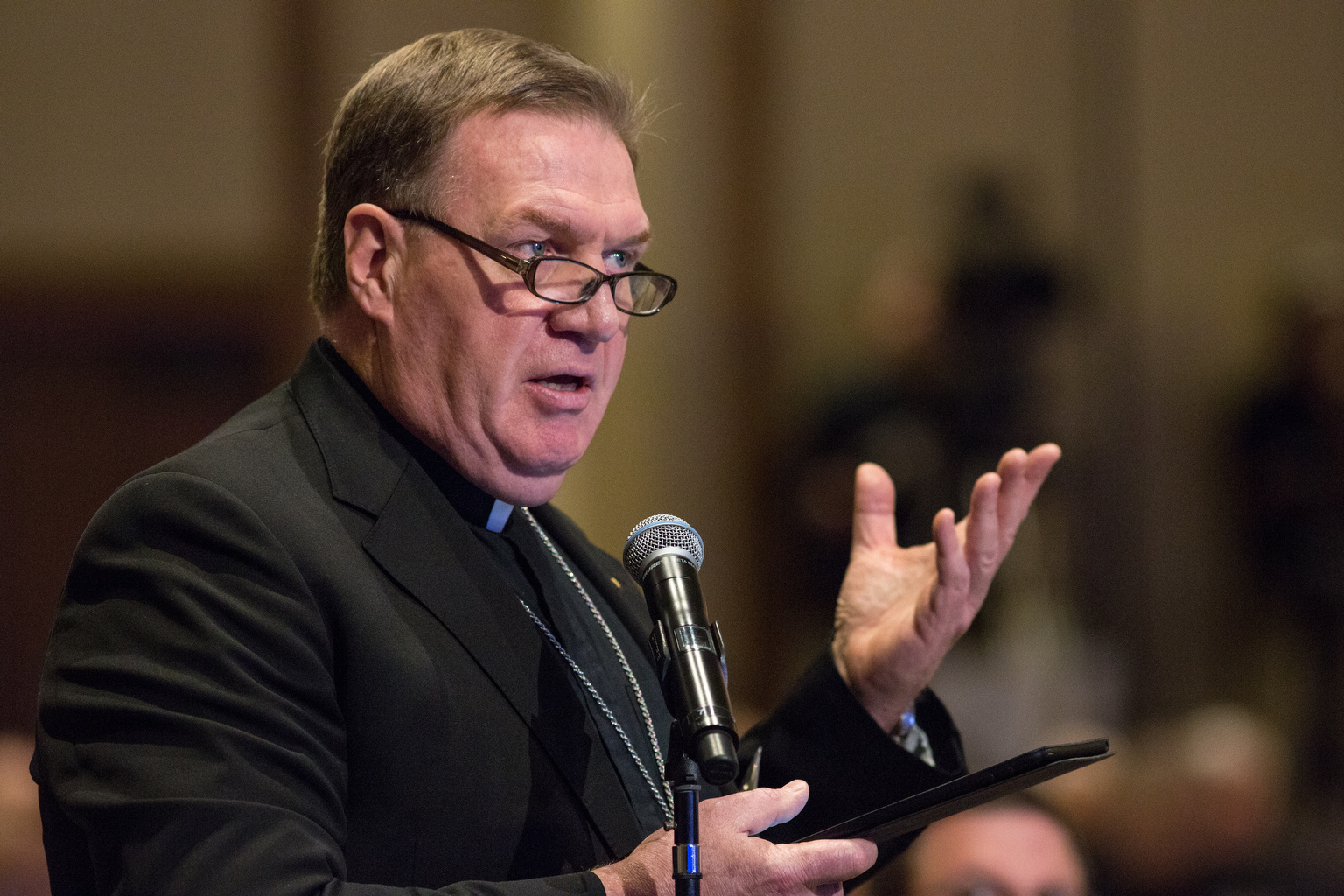 Archbishop Joseph Tobin of Indianapolis speaks Thursday during the spring general assembly of the U.S. Conference of Catholic Bishops in St. Louis. (CNS/St. Louis Review/Lisa Johnston)