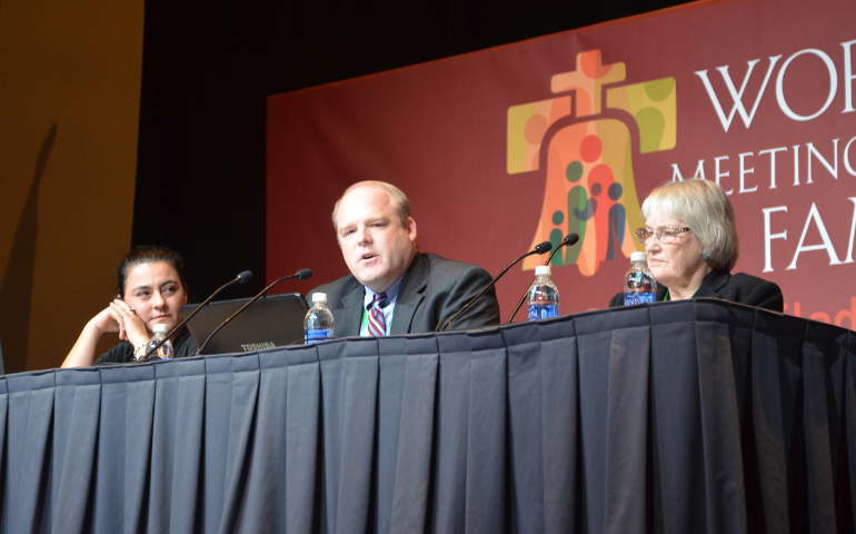 At the World Meeting of Families, Ron Belgau, center, and his mother Beverley Belgau, right, described to a packed room what it was like for them dealing with Ron’s same-sex attraction. (Madi Alexander)