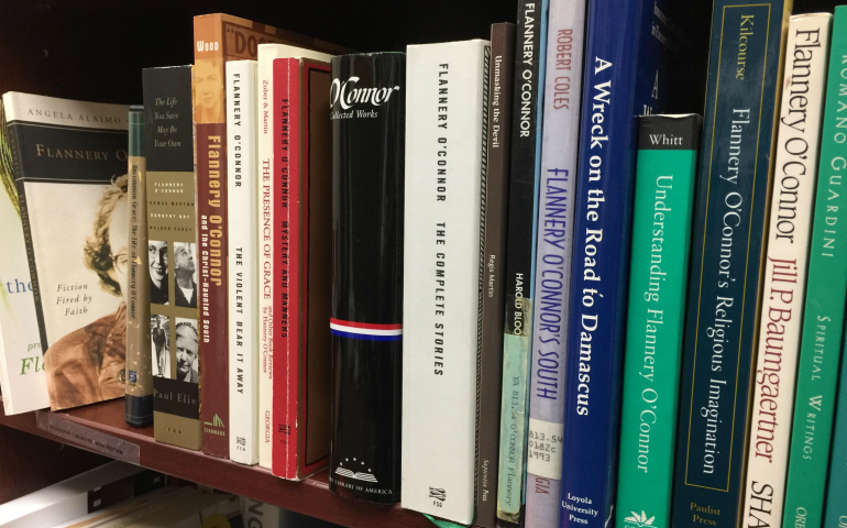 A view of Sr. Rose Pacatte's bookshelf, the Flannery section.