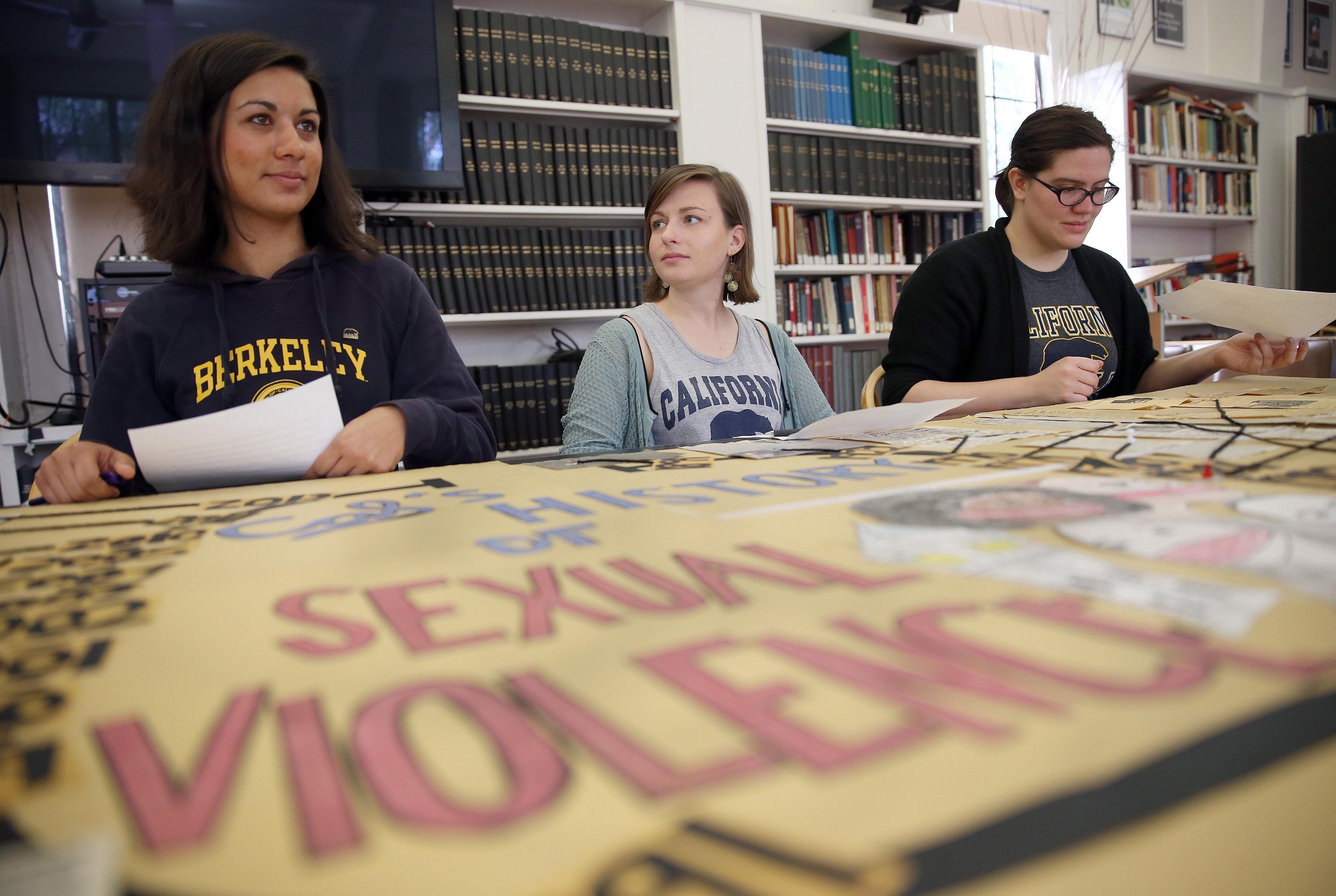 From left, Shannon Thomas, Nicoletta Commins and Aryle Butler hold a news conference at the University of California, Berkeley, Feb. 26. The three were among 31 current and former students who filed a federal complaint claiming the university violated Title IX by failing to protect them against sexual harrassment and assault. (MCT/Bay Area News Group/Jane Tyska)