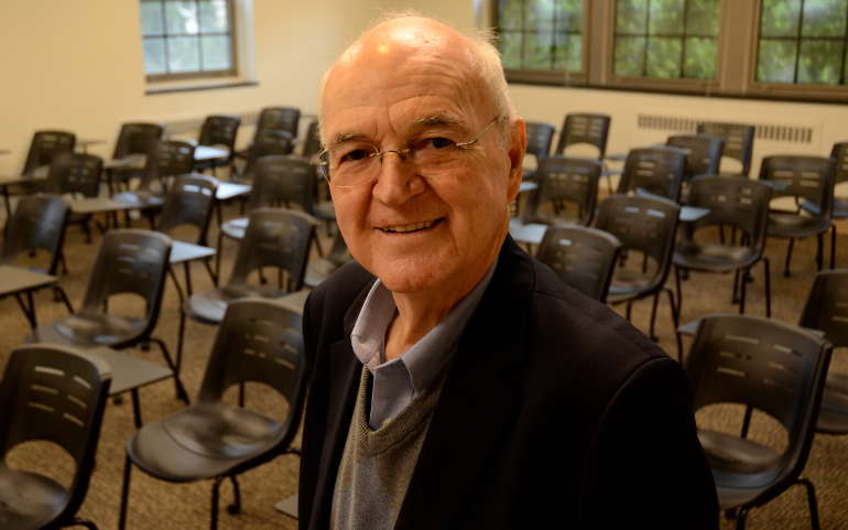 Fr. Richard McBrien in a classroom at Notre Dame University (NCR photo/David Kamba)