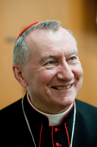 Cardinal Pietro Parolin, Vatican secretary of state, smiles as he attends a conference commemorating the 50th anniversary of the Second Vatican Council's document, "Nostra Aetate." (CNS/M. Migliorato, Catholic Press Photo)
