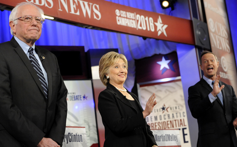 From left, presidential candidates Bernie Sanders, Hillary Clinton and Martin O'Malley at the Democratic debate in Des Moines, Iowa, Nov. 14. (Newscom/Reuters/Mark Kauzlarich)