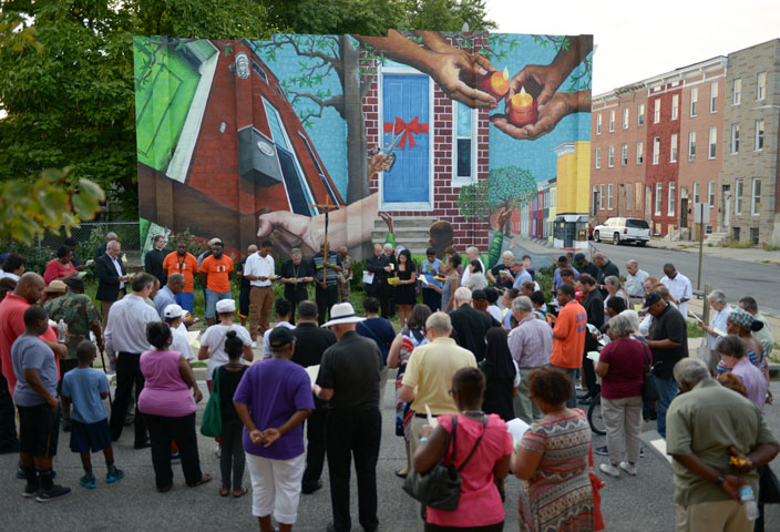 Members of a Prayer Walk for Peace pray in Baltimore Sept. 9. (CNS/Catholic Review/Kevin J. Parks)