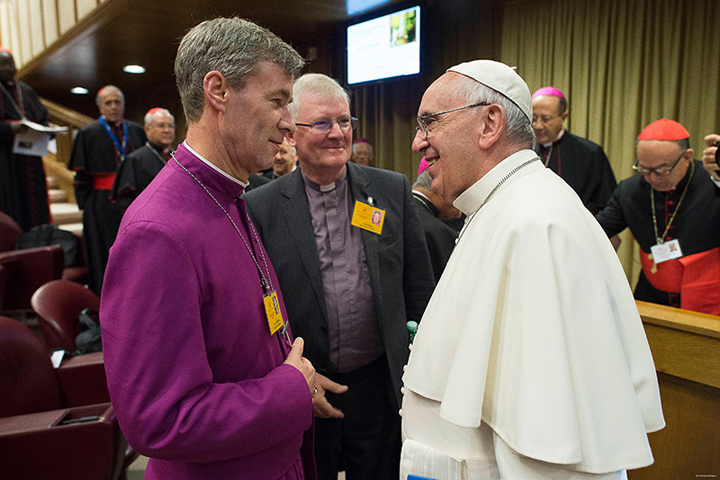 Anglican Bishop Tim Thornton visits with Pope Francis during the synod at the Vatican. Photo courtesy of L’Ossevatore Romano