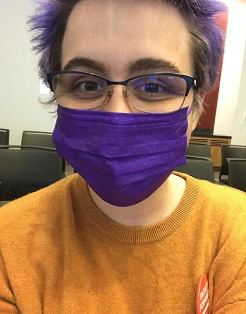 Olivia Wood, a Fordham Faculty United member and adjunct English professor, wears a purple mask, the SEIU color, to bargaining. (Courtesy of Olivia Wood)