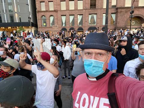 Doug Pagitt takes a selfie in a crowd protesting the death of George Floyd in Minneapolis in 2020. (RNS/Doug Pagitt)