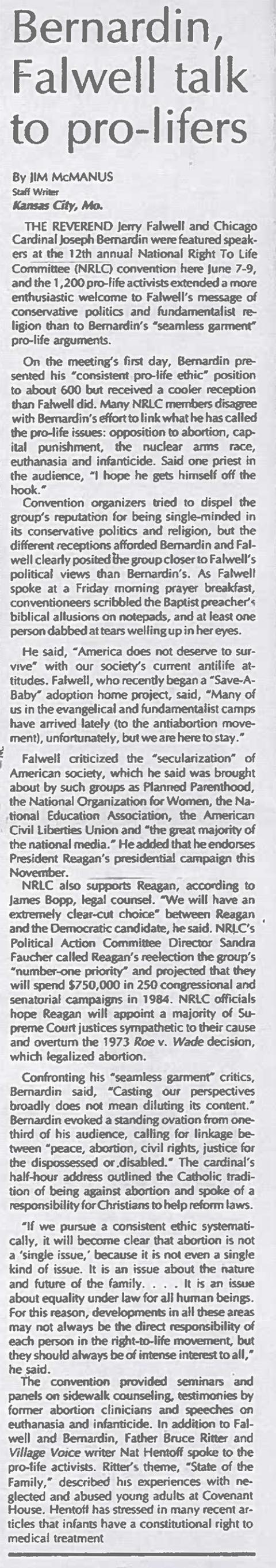 Digital scan of "Bernardin, Falwell talk to pro-lifers," on Page 10 of the NCR print issue dated June 22, 1984 (NCR archives)