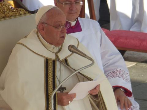 Pope Francis giving his homily during Mass in St. Peter's Square on Oct. 4 (NCR photo/Rhina Guidos)