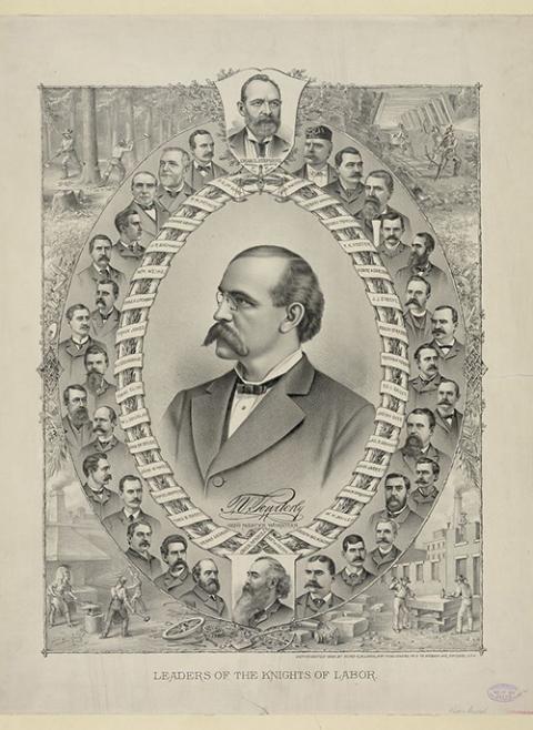 A lithograph print titled "Leaders of the Knights of Labor" features Terence V. Powderly, "Genl. Master Workman", bust portrait, facing left, within a wreath. Clustered around the sides of the wreath are 30 bust portraits of other labor leaders. (Library of Congress)
