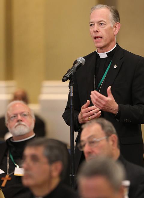 Boston Cardinal Sean O'Malley looks on as Portland Archbishop Alexander Sample speaks during the spring general assembly of the U.S. bishops' conference June 13, 2019, in Baltimore. (CNS/Bob Roller)