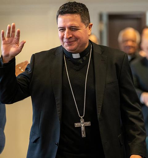 Bishop Evelio Menjívar-Ayala, auxiliary bishop for the Archdiocese of Washington, greets a crowd in Hyattsville, Maryland, in this 2022 file photo. (OSV News/Catholic Standard/Mihoko Owada)