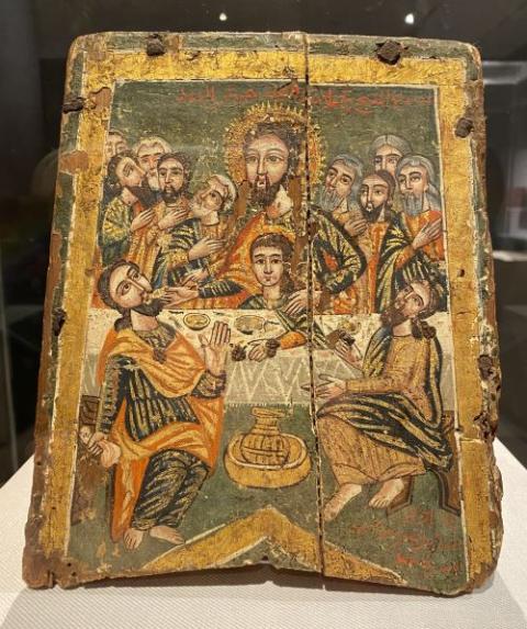 A Coptic wooden chalice case from the 18th century, on display at the Metropolitan Museum of Art, is painted with imagery on all four sides. (Michael Centore)