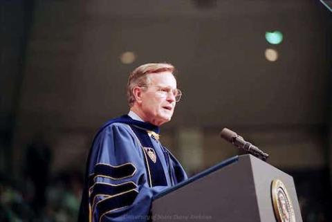 George H.W. Bush speaks at the University of Notre Dame commencement May 17, 1992. (Courtesy of University of Notre Dame)