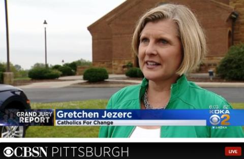 Gretchen Jezerc, vice president of Catholics for Change in Our Church's board, is interviewed by Pittsburgh's CBS affiliate in August 2019. (Screenshot)