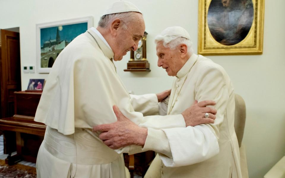 Pope Francis visits retired Pope Benedict XVI at the Mater Ecclesiae Monastery at the Vatican on Dec. 21, 2018. (CNS/Vatican Media) 
