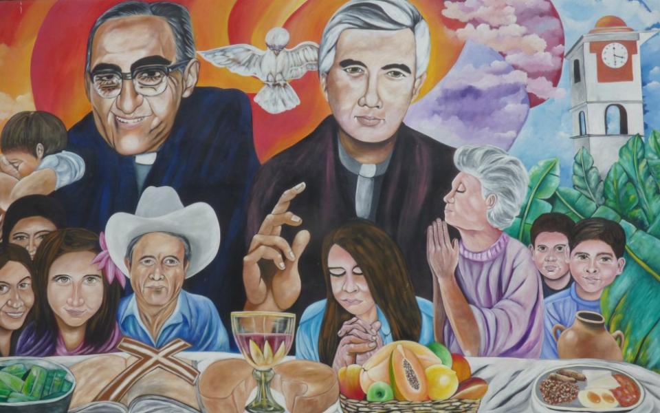 A painting of St. Óscar Romero and Jesuit Fr. Rutilio Grande is seen in the rectory of San Jose Church in Aguilares, El Salvador. (CNS/Octavio Duran)