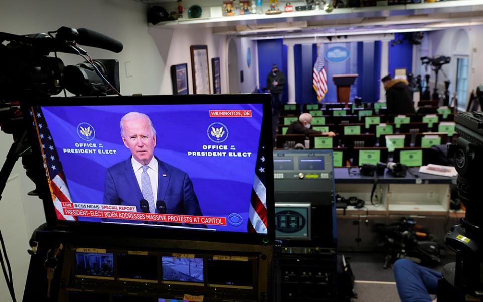 President-elect Joe Biden is seen on a monitor in the White House Briefing Room Jan. 6, making remarks regarding the supporters of President Donald Trump, who breached security barriers at the U.S. Capitol building in Washington and interrupted the certif
