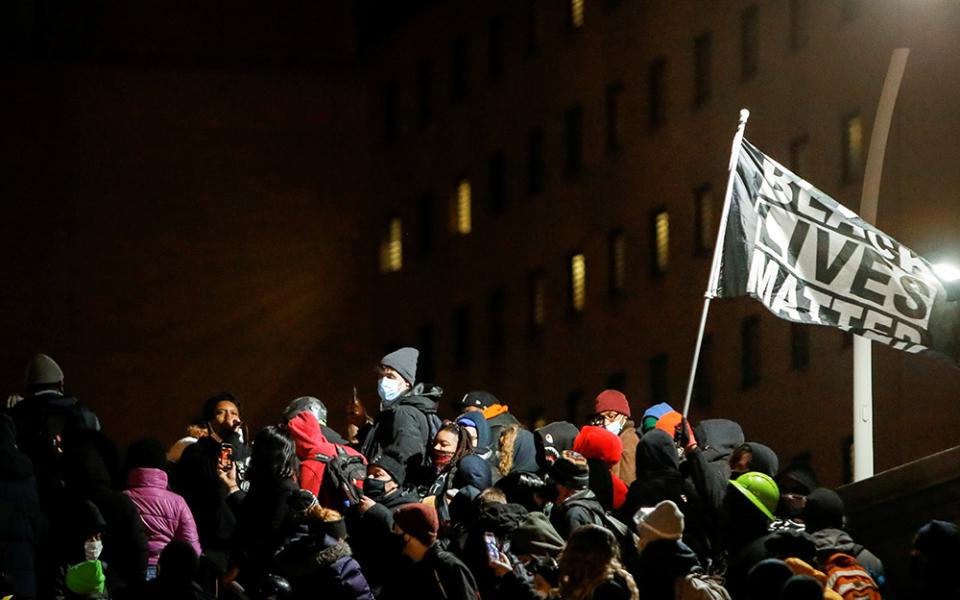People in Rochester, New York, react Feb. 23, after a New York grand jury voted not to indict police officers in Daniel Prude's death. Prude, a Black man, died after police put a spit hood over his head during an arrest March 23, 2020. (CNS/Lindsay DeDari