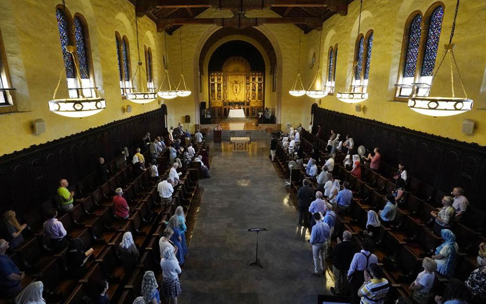 Worshippers attend a traditional Latin Mass July 1 at Immaculate Conception Seminary in Huntington, New York. (CNS/Gregory A. Shemitz)