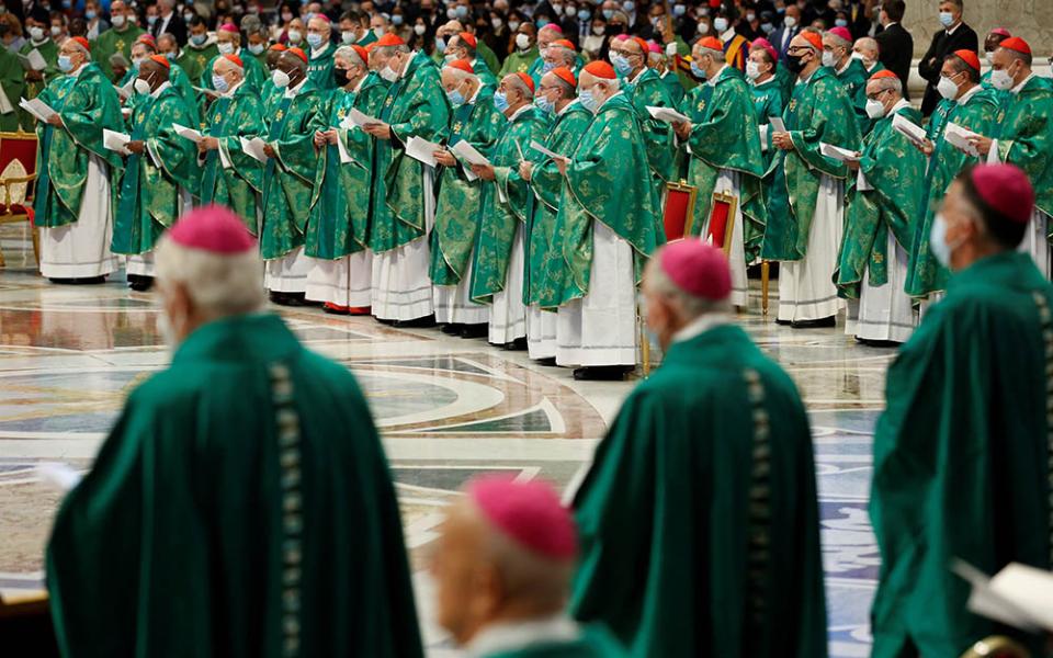 Cardinals and bishops attend Pope Francis' celebration of a Mass to open the process that will lead up to the assembly of the world Synod of Bishops in 2023, in St. Peter's Basilica at the Vatican Oct. 10, 2021. (CNS/Reuters/Remo Casilli)