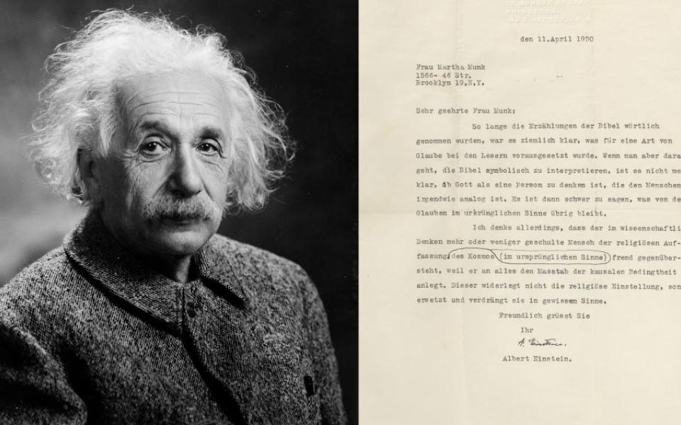 Albert Einstein, in 1947, with a letter he wrote in 1950. Einstein photo courtesy Creative Commons; letter courtesy Raab Collection
